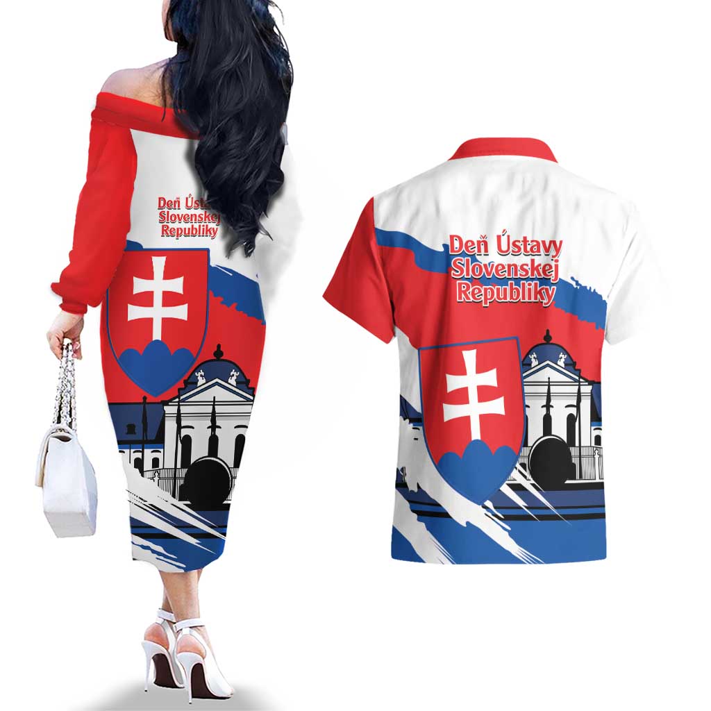 Slovakia Constitution Day Couples Matching Off The Shoulder Long Sleeve Dress and Hawaiian Shirt Slovensko Grassalkovich Palace With Coat Of Arms - Wonder Print Shop