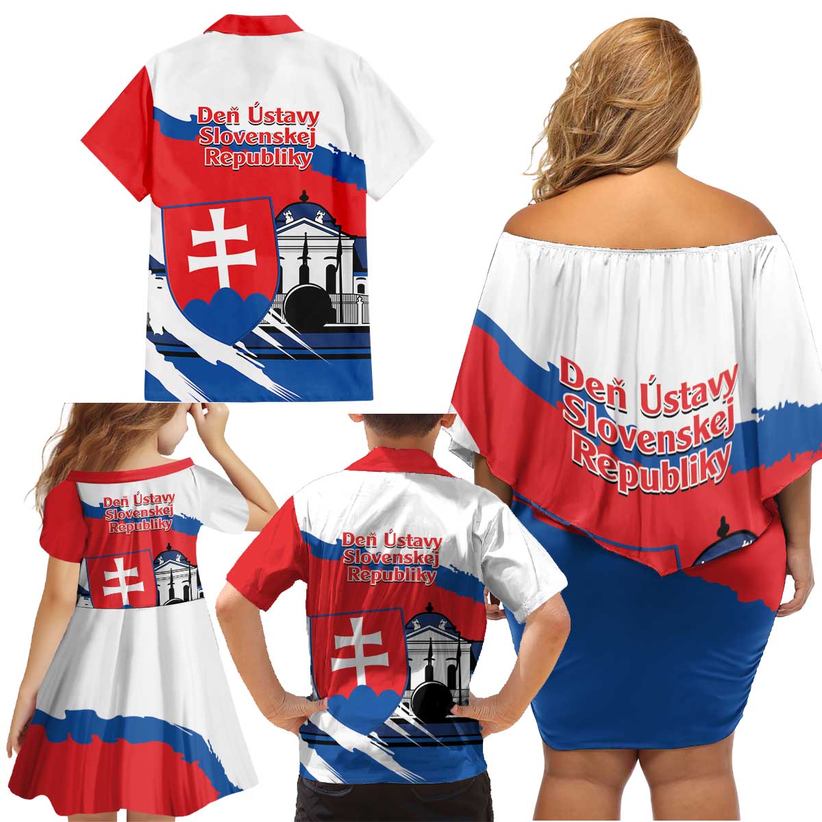 Slovakia Constitution Day Family Matching Off Shoulder Short Dress and Hawaiian Shirt Slovensko Grassalkovich Palace With Coat Of Arms - Wonder Print Shop