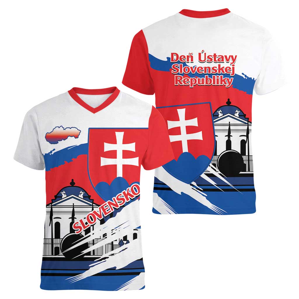 Slovakia Constitution Day Women V-Neck T-Shirt Slovensko Grassalkovich Palace With Coat Of Arms - Wonder Print Shop