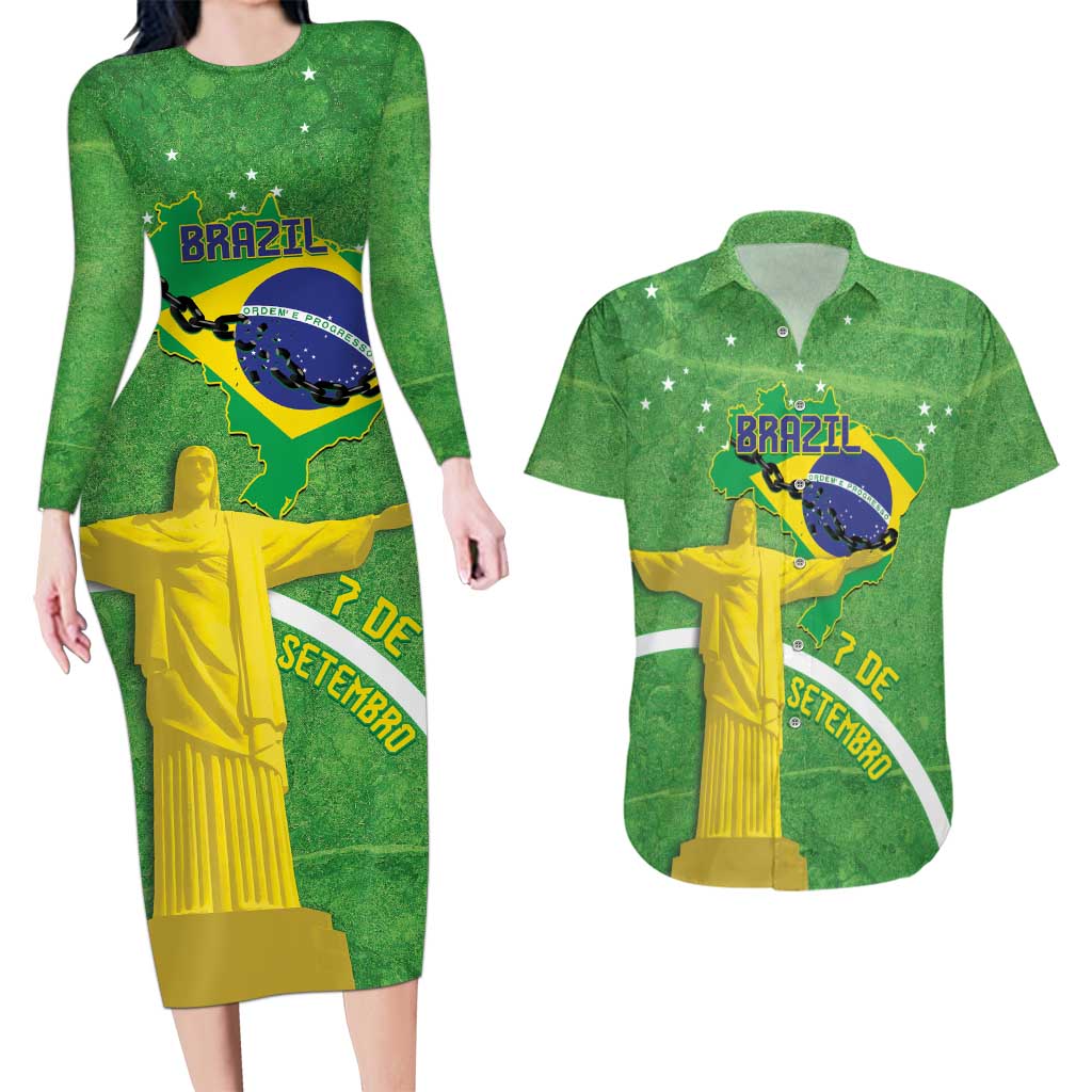 Personalized Brazil Independence Day Couples Matching Long Sleeve Bodycon Dress and Hawaiian Shirt Brasil Map Christ The Redeemer 7 De Setembro - Wonder Print Shop