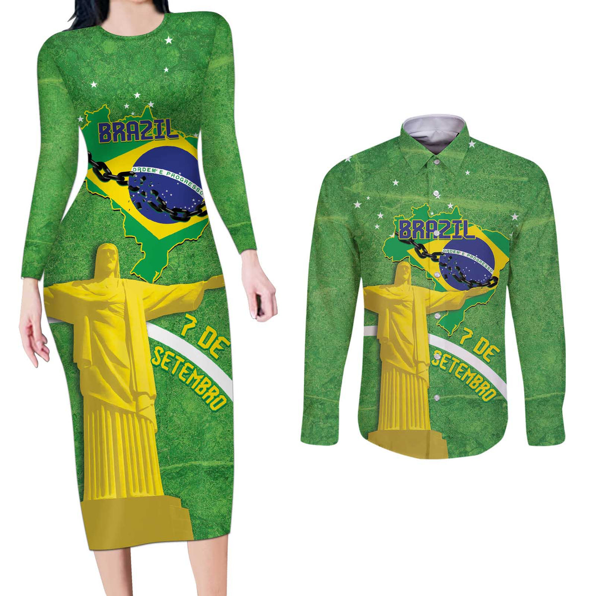 Personalized Brazil Independence Day Couples Matching Long Sleeve Bodycon Dress and Long Sleeve Button Shirt Brasil Map Christ The Redeemer 7 De Setembro - Wonder Print Shop