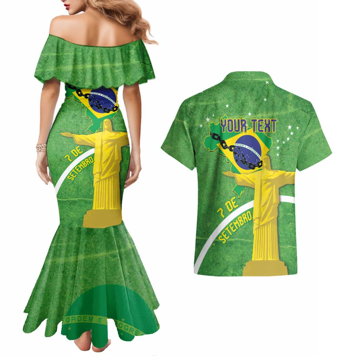 Personalized Brazil Independence Day Couples Matching Mermaid Dress and Hawaiian Shirt Brasil Map Christ The Redeemer 7 De Setembro - Wonder Print Shop