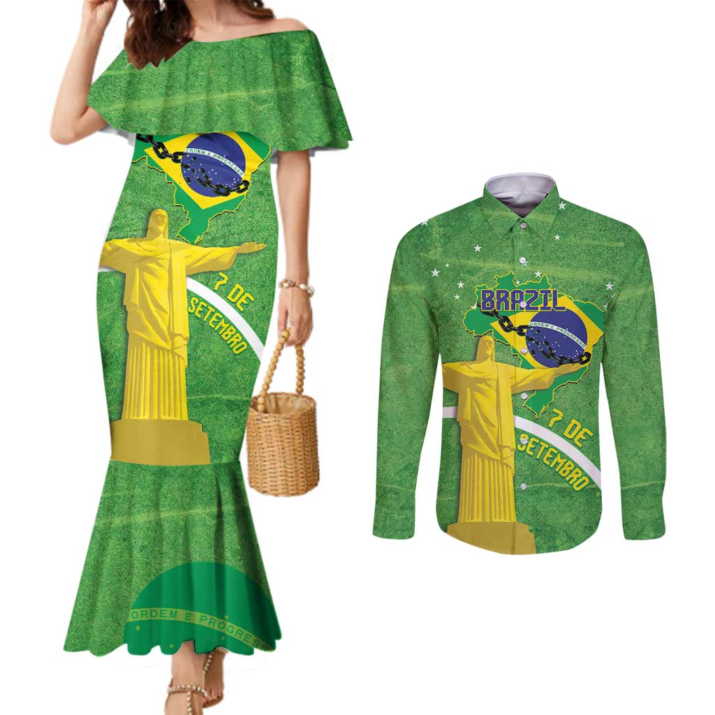 Personalized Brazil Independence Day Couples Matching Mermaid Dress and Long Sleeve Button Shirt Brasil Map Christ The Redeemer 7 De Setembro