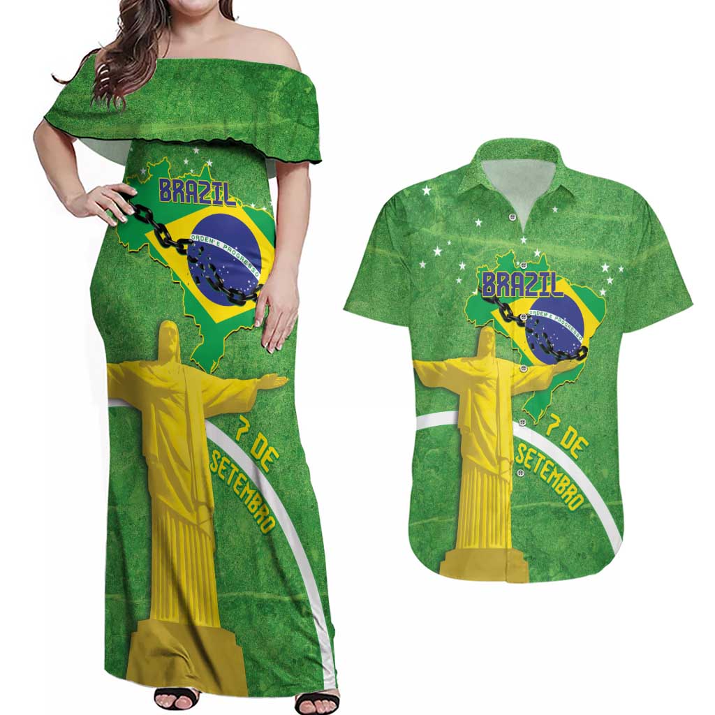 Personalized Brazil Independence Day Couples Matching Off Shoulder Maxi Dress and Hawaiian Shirt Brasil Map Christ The Redeemer 7 De Setembro - Wonder Print Shop