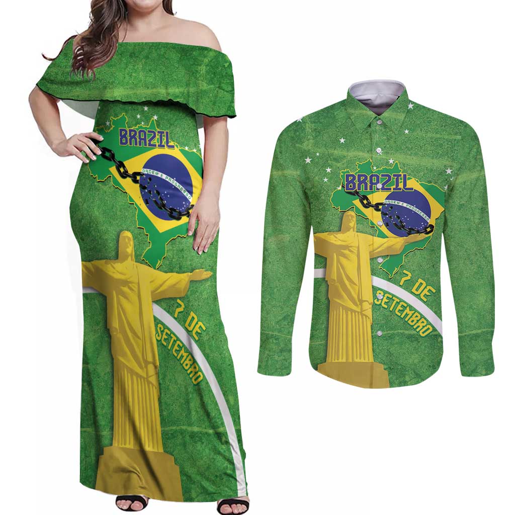 Personalized Brazil Independence Day Couples Matching Off Shoulder Maxi Dress and Long Sleeve Button Shirt Brasil Map Christ The Redeemer 7 De Setembro - Wonder Print Shop