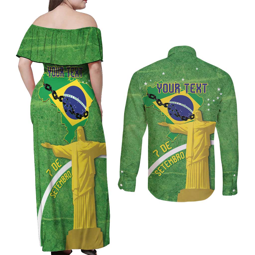 Personalized Brazil Independence Day Couples Matching Off Shoulder Maxi Dress and Long Sleeve Button Shirt Brasil Map Christ The Redeemer 7 De Setembro - Wonder Print Shop