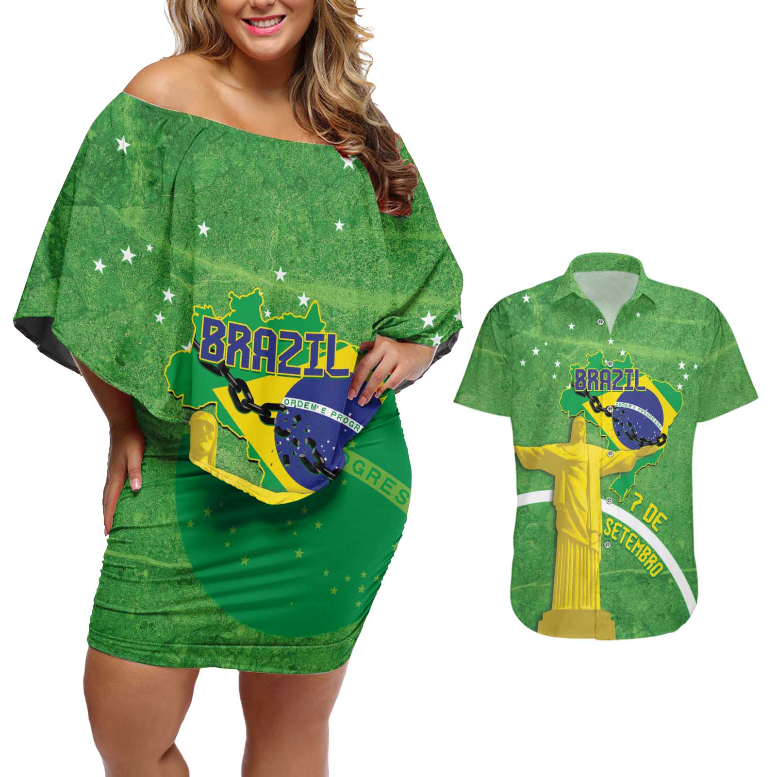 Personalized Brazil Independence Day Couples Matching Off Shoulder Short Dress and Hawaiian Shirt Brasil Map Christ The Redeemer 7 De Setembro - Wonder Print Shop