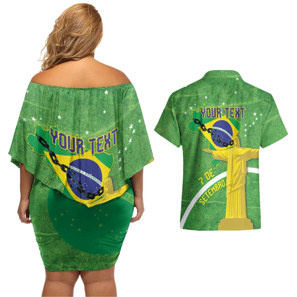 Personalized Brazil Independence Day Couples Matching Off Shoulder Short Dress and Hawaiian Shirt Brasil Map Christ The Redeemer 7 De Setembro - Wonder Print Shop
