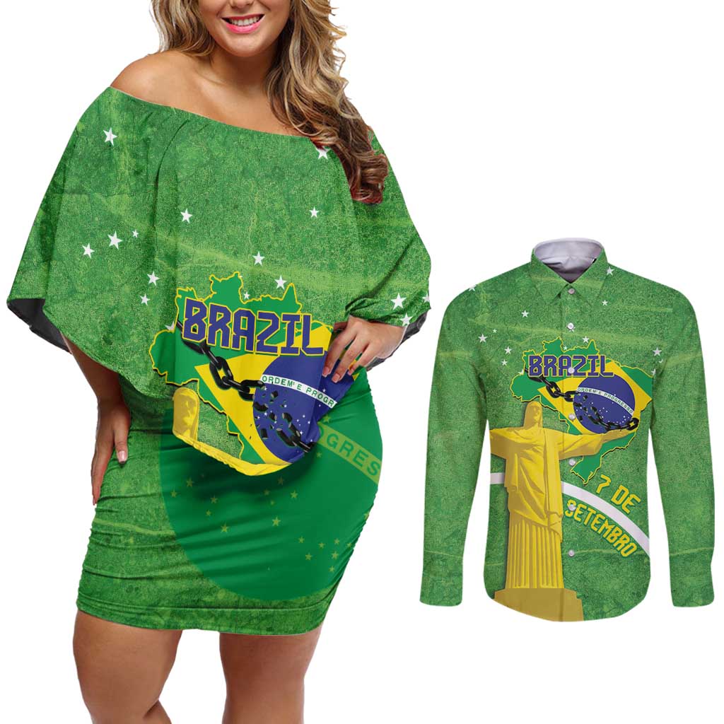 Personalized Brazil Independence Day Couples Matching Off Shoulder Short Dress and Long Sleeve Button Shirt Brasil Map Christ The Redeemer 7 De Setembro - Wonder Print Shop