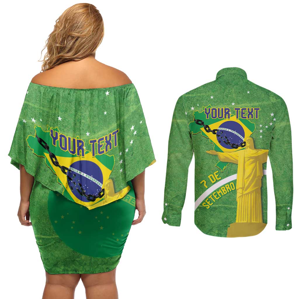 Personalized Brazil Independence Day Couples Matching Off Shoulder Short Dress and Long Sleeve Button Shirt Brasil Map Christ The Redeemer 7 De Setembro - Wonder Print Shop