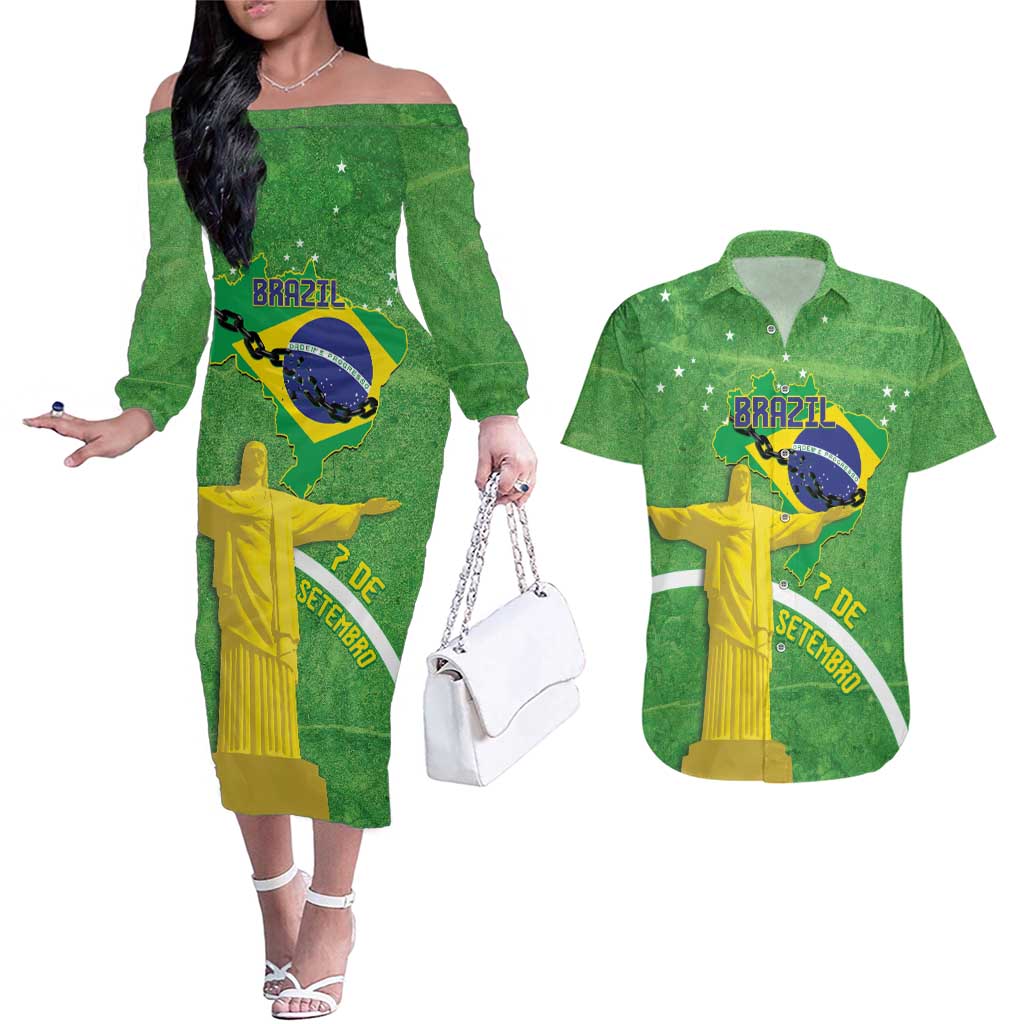 Personalized Brazil Independence Day Couples Matching Off The Shoulder Long Sleeve Dress and Hawaiian Shirt Brasil Map Christ The Redeemer 7 De Setembro - Wonder Print Shop