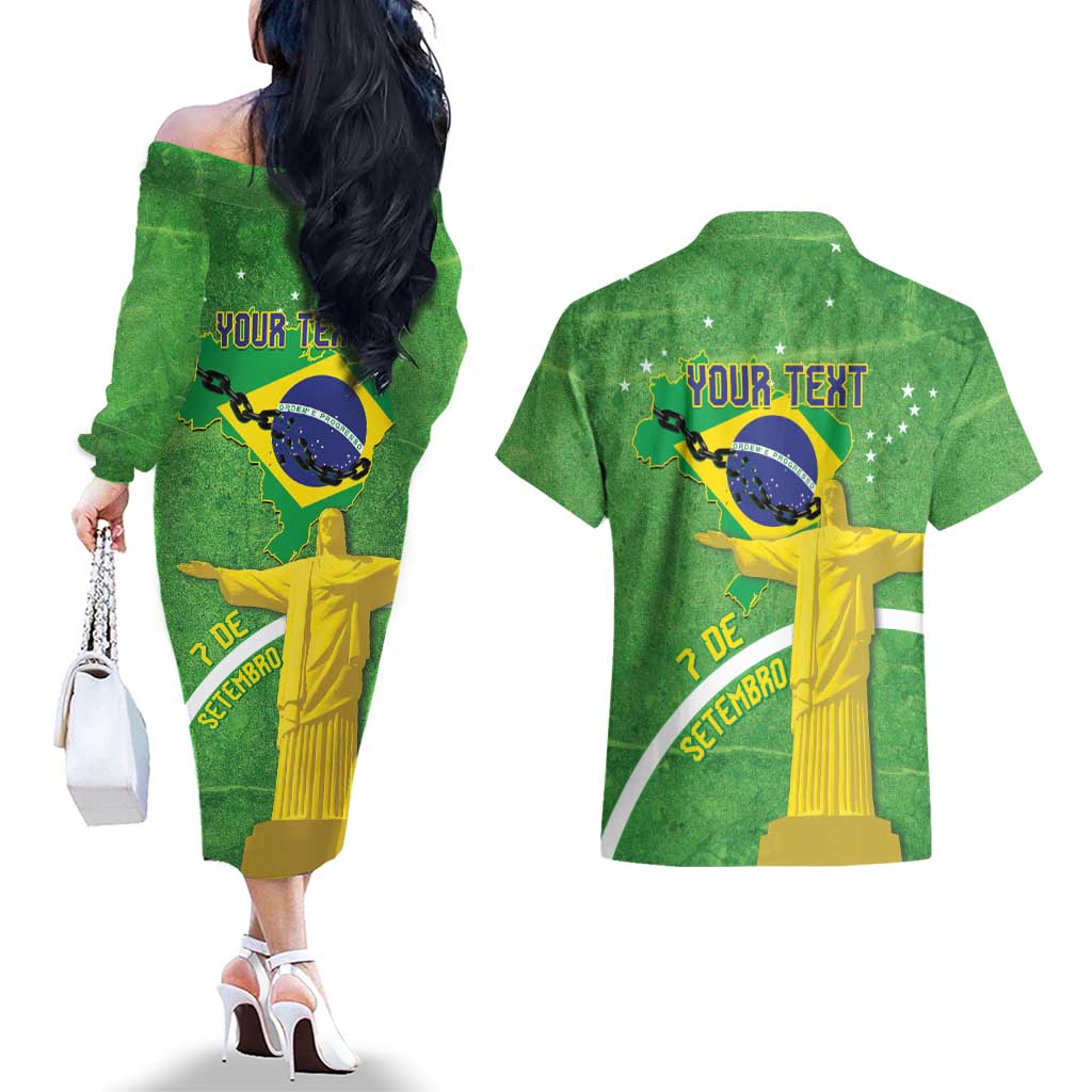 Personalized Brazil Independence Day Couples Matching Off The Shoulder Long Sleeve Dress and Hawaiian Shirt Brasil Map Christ The Redeemer 7 De Setembro - Wonder Print Shop