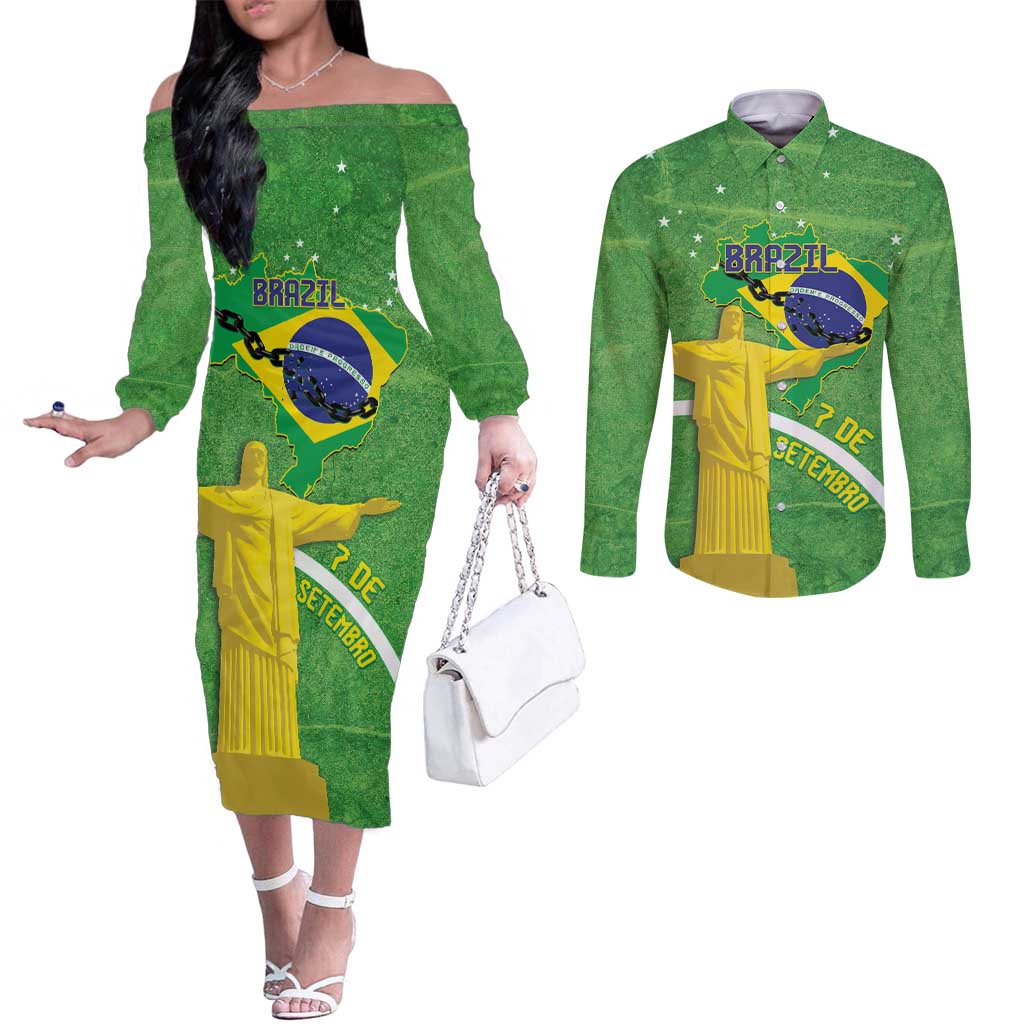 Personalized Brazil Independence Day Couples Matching Off The Shoulder Long Sleeve Dress and Long Sleeve Button Shirt Brasil Map Christ The Redeemer 7 De Setembro