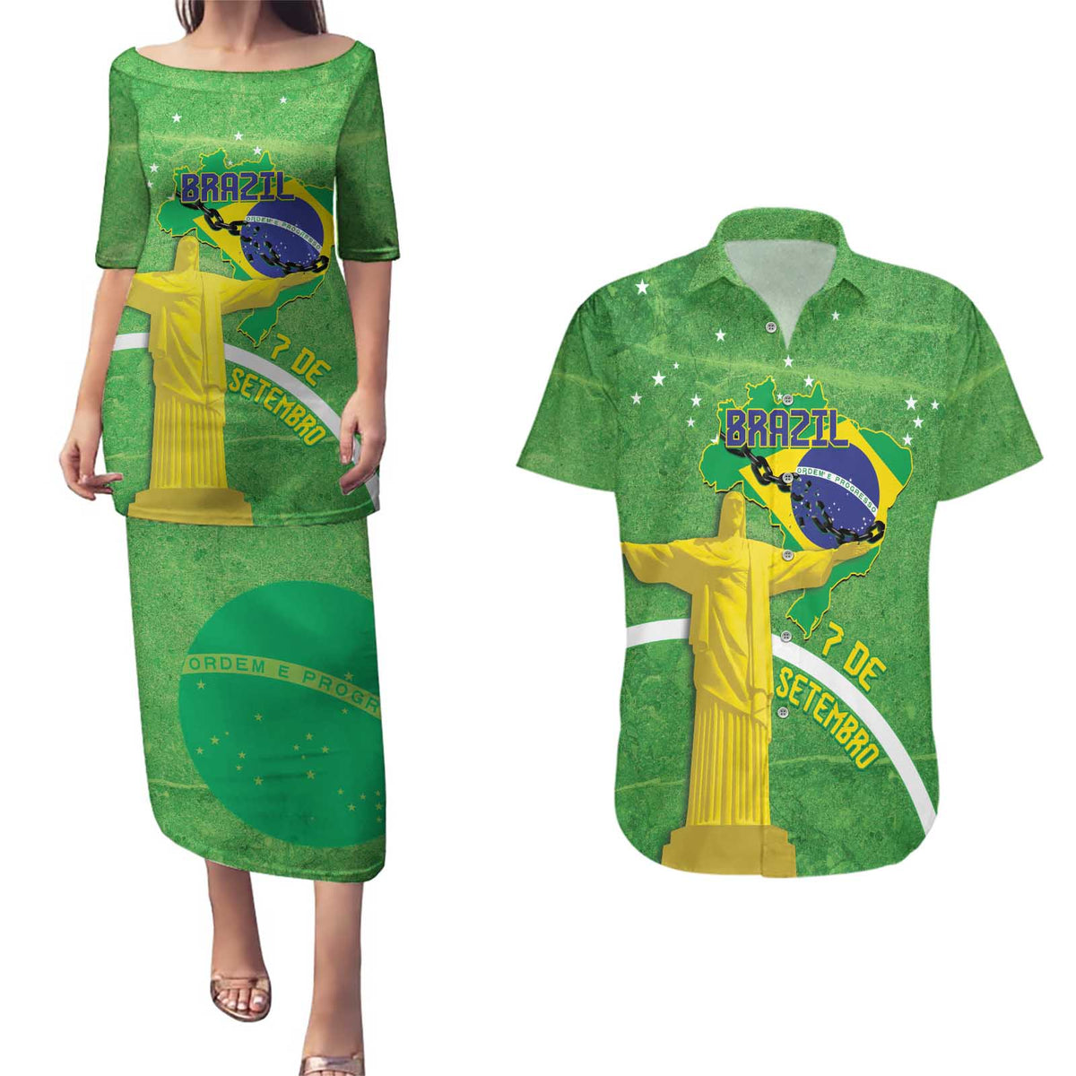 Personalized Brazil Independence Day Couples Matching Puletasi and Hawaiian Shirt Brasil Map Christ The Redeemer 7 De Setembro - Wonder Print Shop