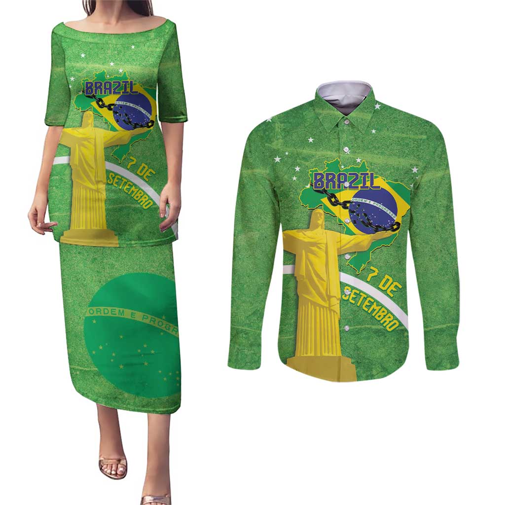 Personalized Brazil Independence Day Couples Matching Puletasi and Long Sleeve Button Shirt Brasil Map Christ The Redeemer 7 De Setembro - Wonder Print Shop