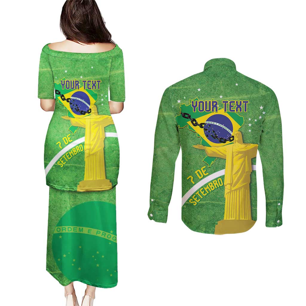 Personalized Brazil Independence Day Couples Matching Puletasi and Long Sleeve Button Shirt Brasil Map Christ The Redeemer 7 De Setembro - Wonder Print Shop