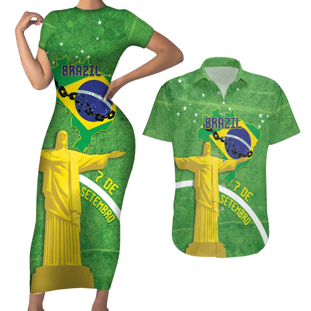 Personalized Brazil Independence Day Couples Matching Short Sleeve Bodycon Dress and Hawaiian Shirt Brasil Map Christ The Redeemer 7 De Setembro - Wonder Print Shop