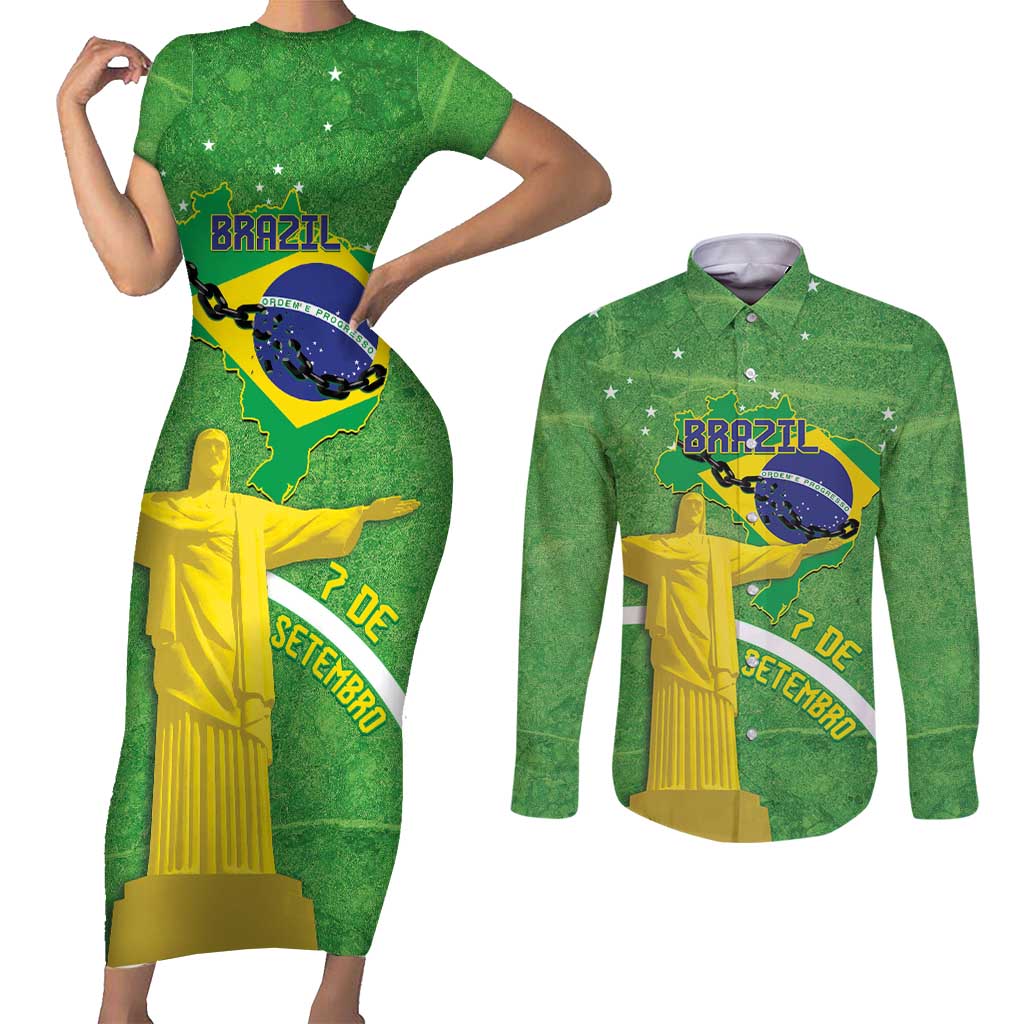 Personalized Brazil Independence Day Couples Matching Short Sleeve Bodycon Dress and Long Sleeve Button Shirt Brasil Map Christ The Redeemer 7 De Setembro - Wonder Print Shop