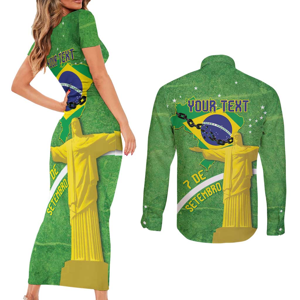 Personalized Brazil Independence Day Couples Matching Short Sleeve Bodycon Dress and Long Sleeve Button Shirt Brasil Map Christ The Redeemer 7 De Setembro - Wonder Print Shop