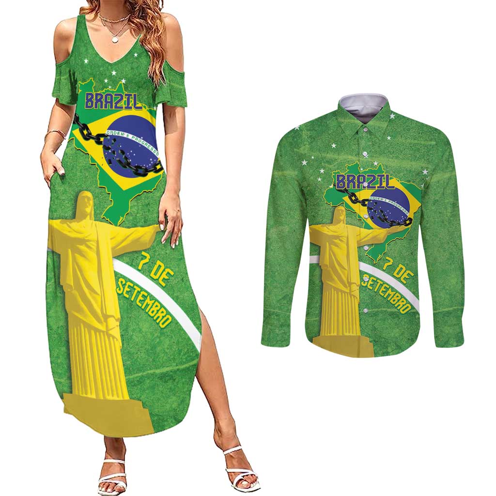 Personalized Brazil Independence Day Couples Matching Summer Maxi Dress and Long Sleeve Button Shirt Brasil Map Christ The Redeemer 7 De Setembro - Wonder Print Shop