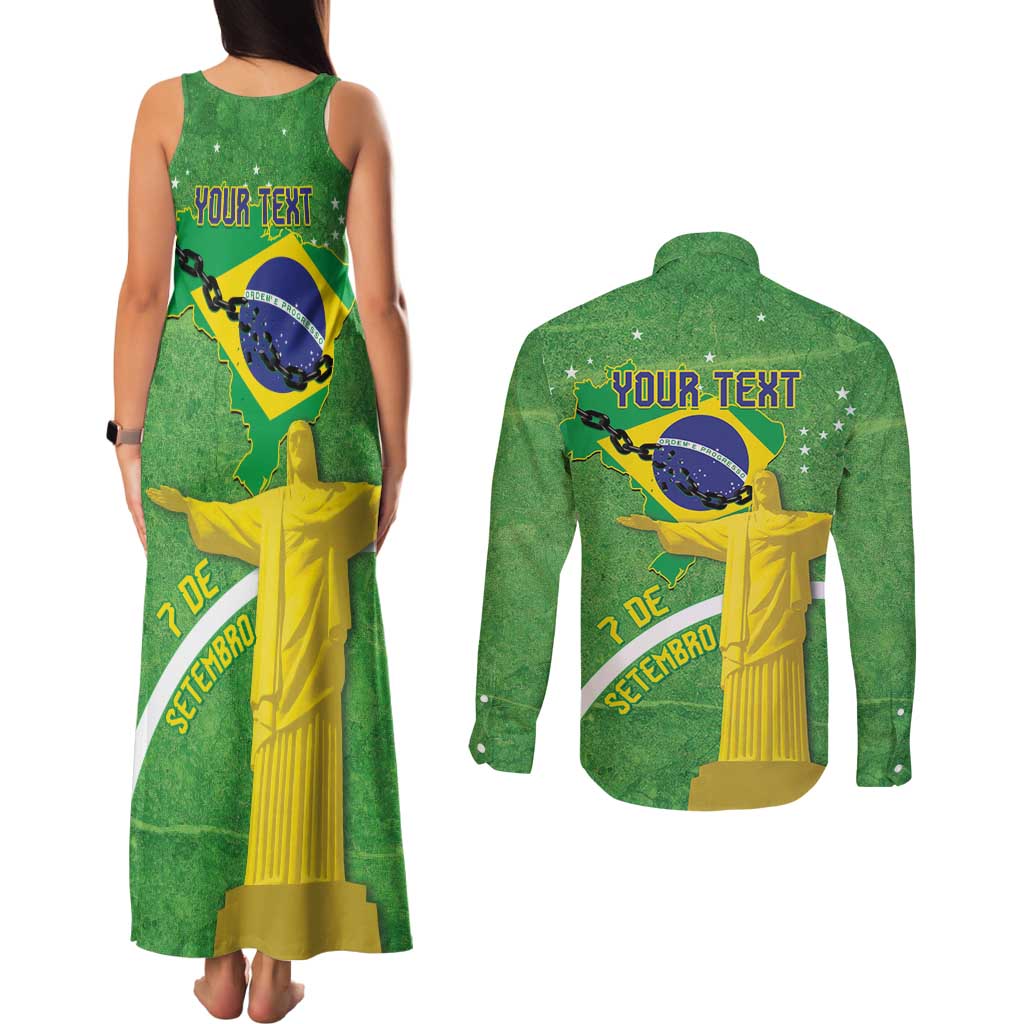 Personalized Brazil Independence Day Couples Matching Tank Maxi Dress and Long Sleeve Button Shirt Brasil Map Christ The Redeemer 7 De Setembro - Wonder Print Shop