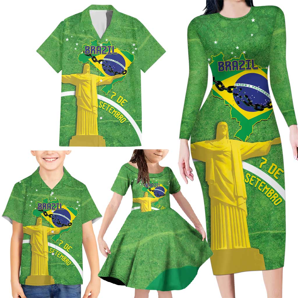 Personalized Brazil Independence Day Family Matching Long Sleeve Bodycon Dress and Hawaiian Shirt Brasil Map Christ The Redeemer 7 De Setembro - Wonder Print Shop