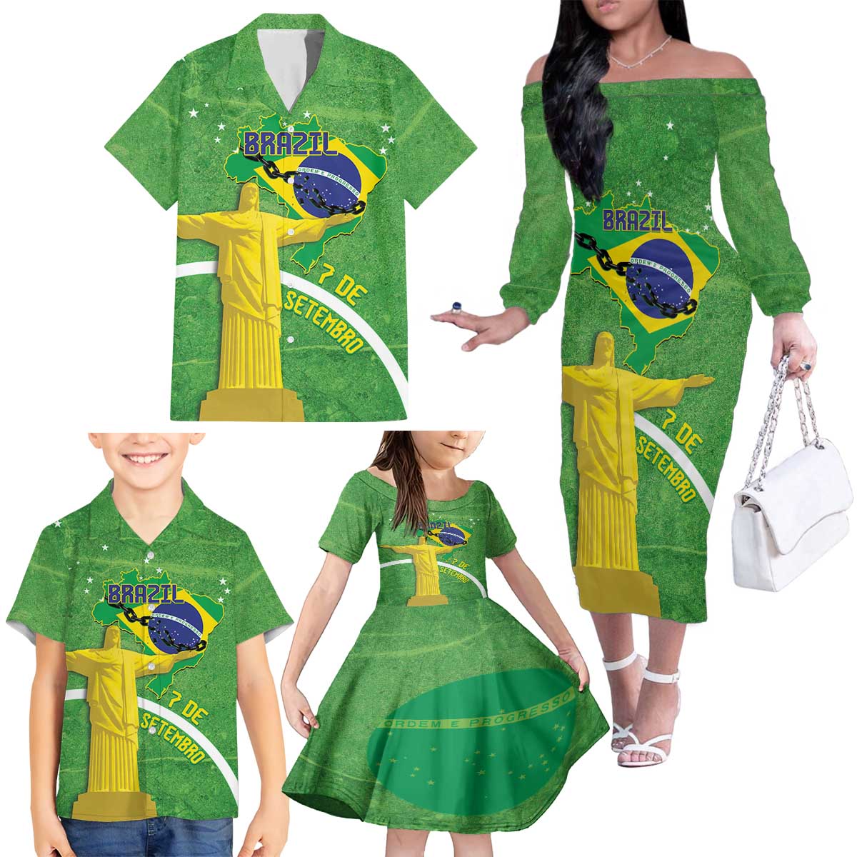 Personalized Brazil Independence Day Family Matching Off The Shoulder Long Sleeve Dress and Hawaiian Shirt Brasil Map Christ The Redeemer 7 De Setembro - Wonder Print Shop
