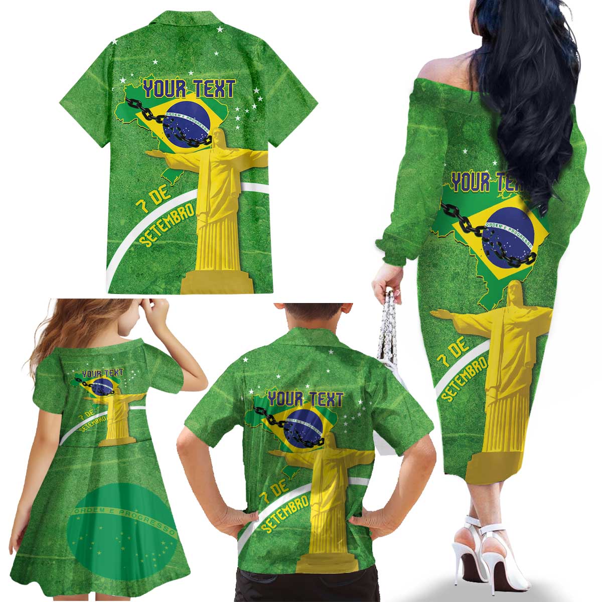 Personalized Brazil Independence Day Family Matching Off The Shoulder Long Sleeve Dress and Hawaiian Shirt Brasil Map Christ The Redeemer 7 De Setembro - Wonder Print Shop
