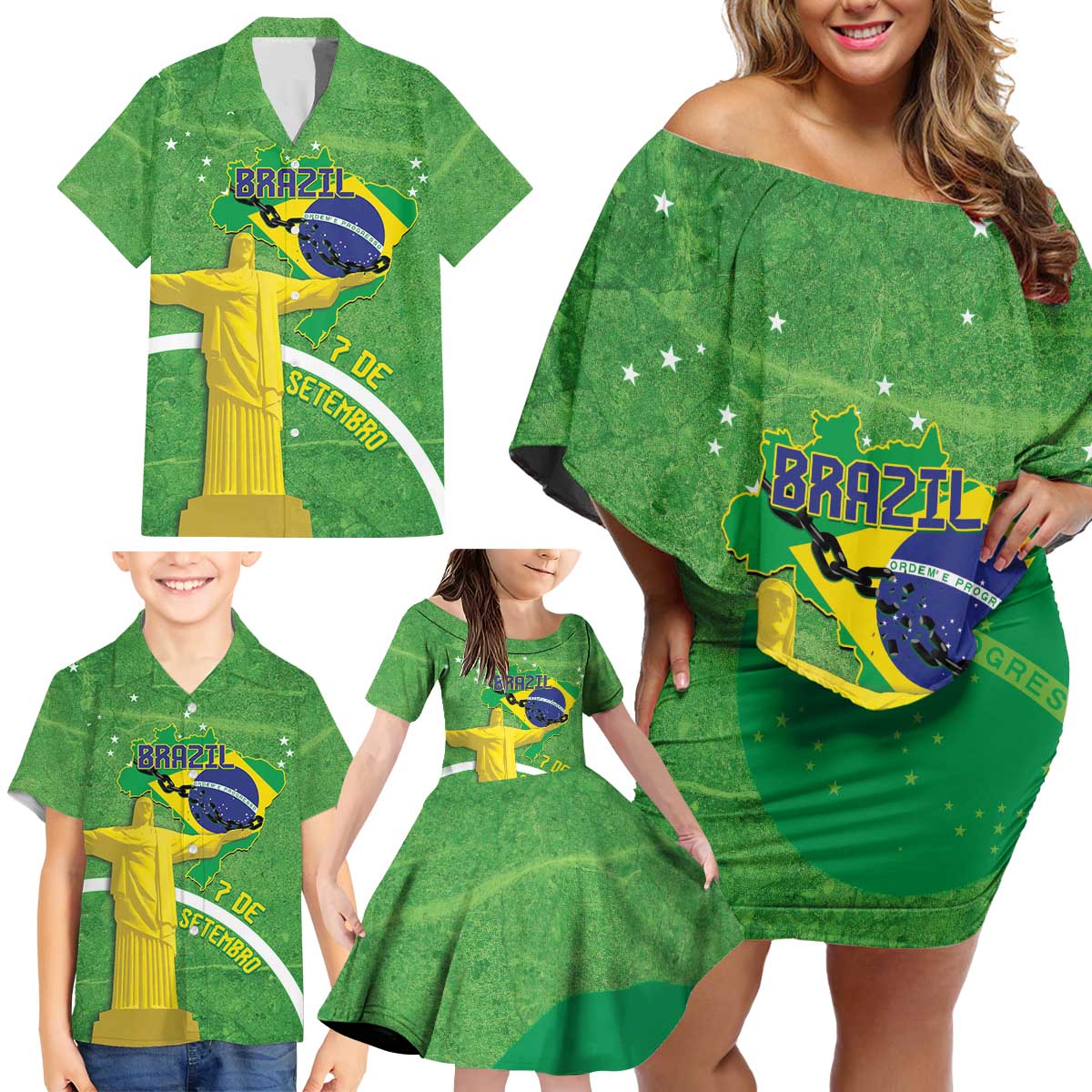 Personalized Brazil Independence Day Family Matching Off Shoulder Short Dress and Hawaiian Shirt Brasil Map Christ The Redeemer 7 De Setembro - Wonder Print Shop