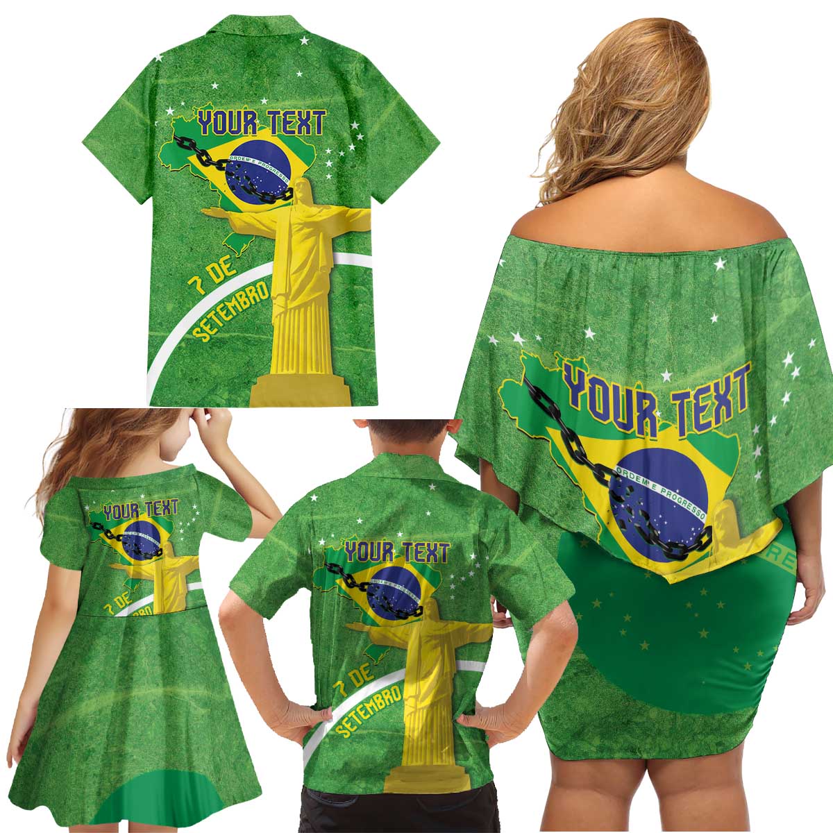 Personalized Brazil Independence Day Family Matching Off Shoulder Short Dress and Hawaiian Shirt Brasil Map Christ The Redeemer 7 De Setembro - Wonder Print Shop