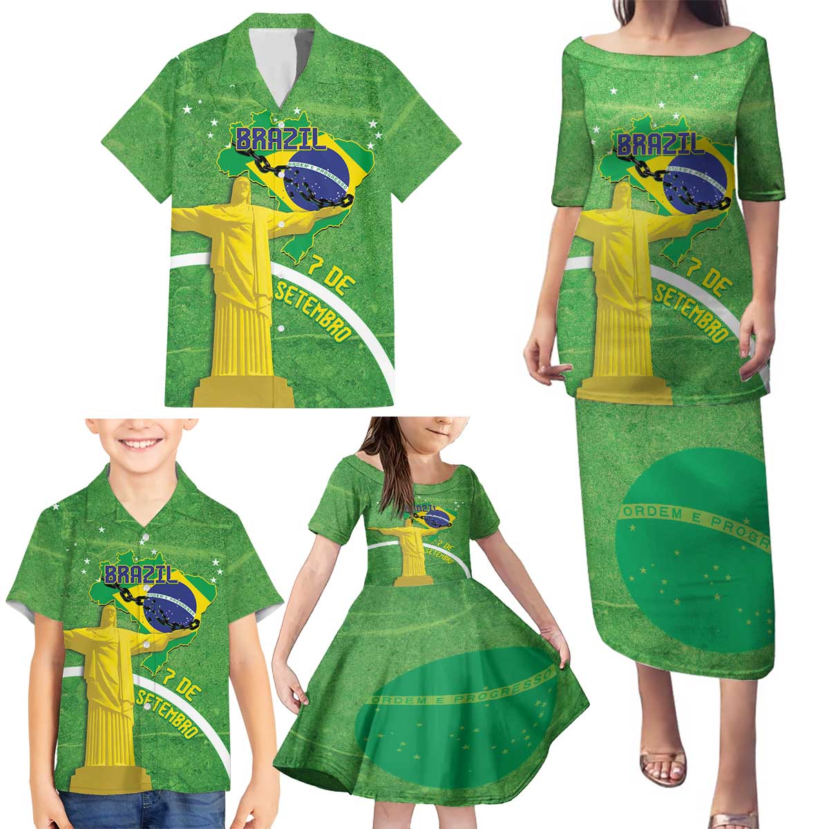 Personalized Brazil Independence Day Family Matching Puletasi and Hawaiian Shirt Brasil Map Christ The Redeemer 7 De Setembro - Wonder Print Shop