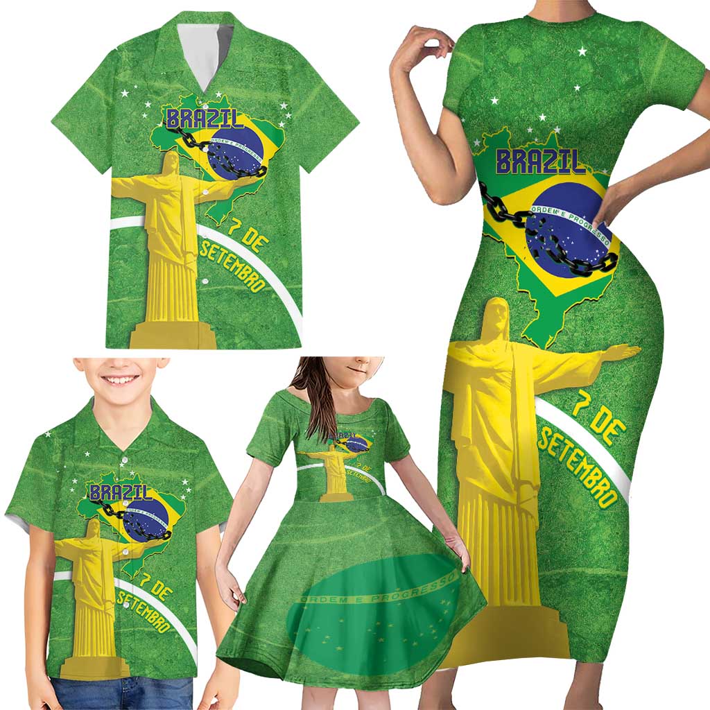 Personalized Brazil Independence Day Family Matching Short Sleeve Bodycon Dress and Hawaiian Shirt Brasil Map Christ The Redeemer 7 De Setembro - Wonder Print Shop