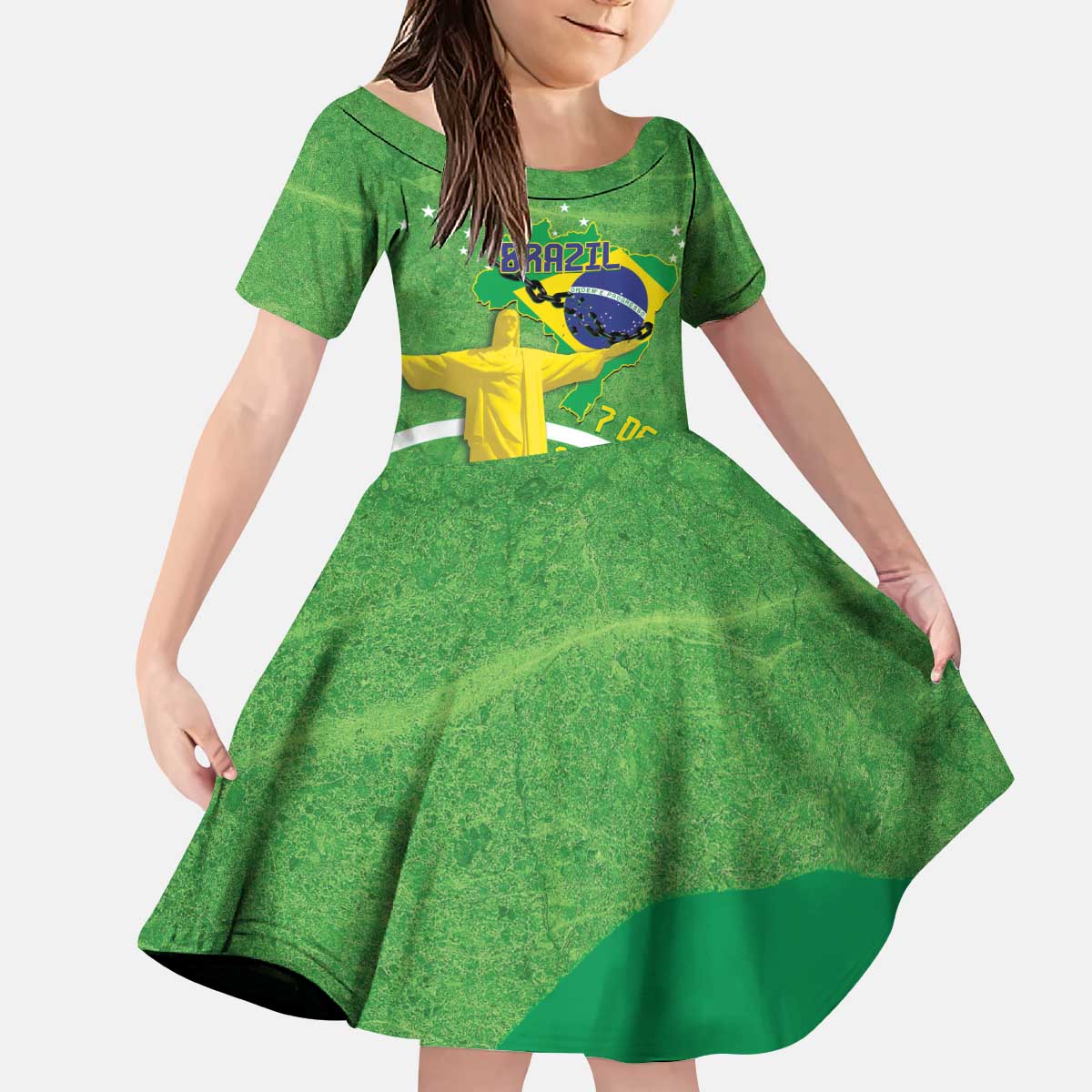 Personalized Brazil Independence Day Kid Short Sleeve Dress Brasil Map Christ The Redeemer 7 De Setembro - Wonder Print Shop