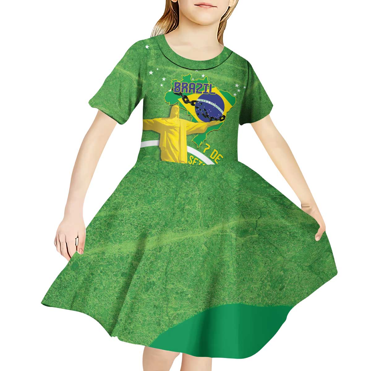 Personalized Brazil Independence Day Kid Short Sleeve Dress Brasil Map Christ The Redeemer 7 De Setembro - Wonder Print Shop