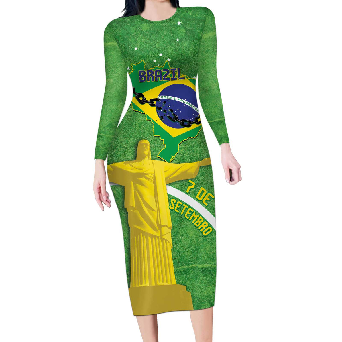 Personalized Brazil Independence Day Long Sleeve Bodycon Dress Brasil Map Christ The Redeemer 7 De Setembro - Wonder Print Shop