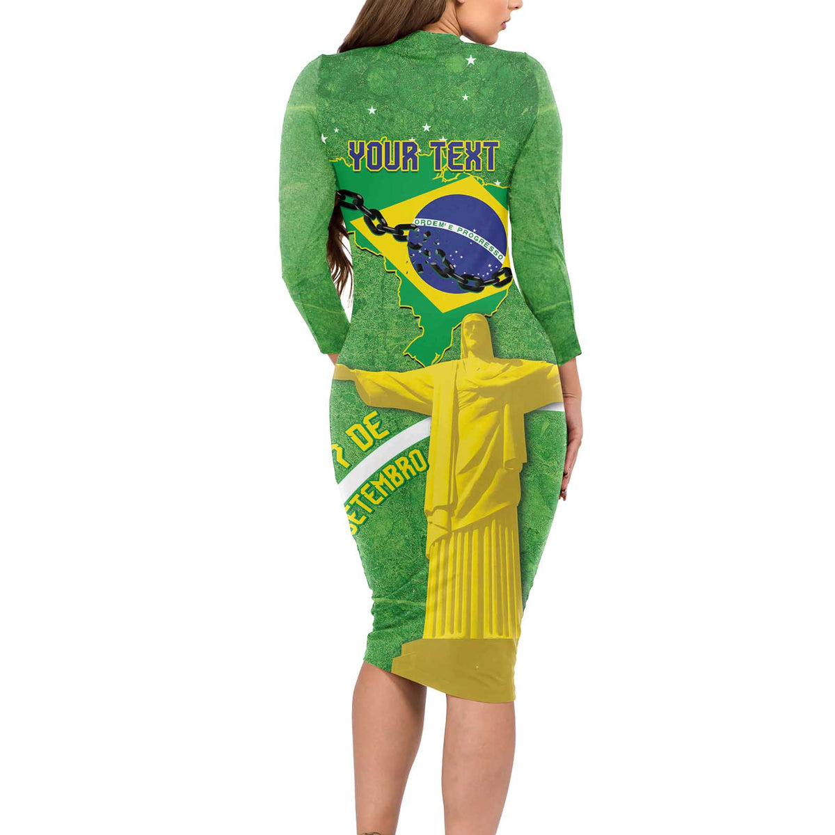 Personalized Brazil Independence Day Long Sleeve Bodycon Dress Brasil Map Christ The Redeemer 7 De Setembro - Wonder Print Shop