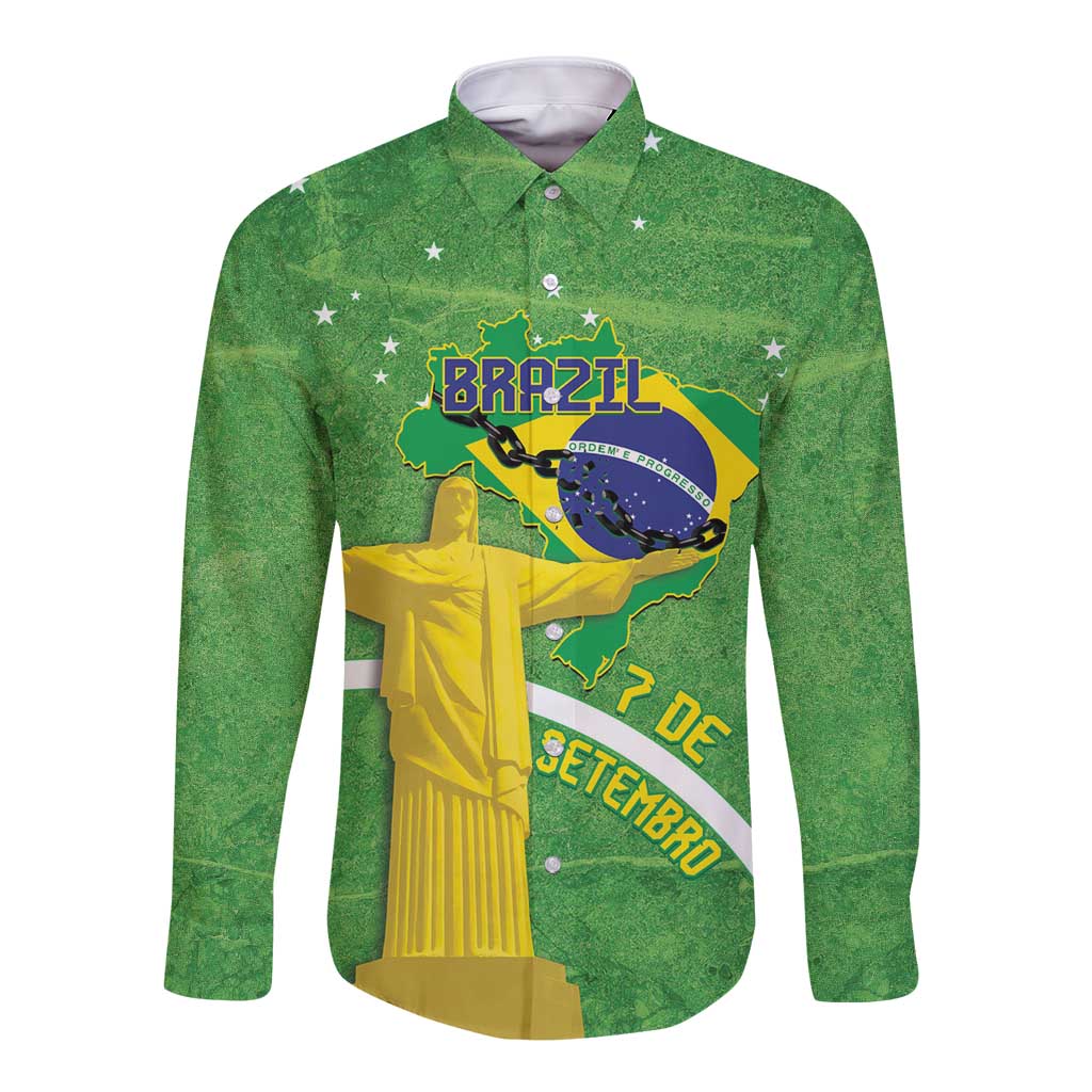 Personalized Brazil Independence Day Long Sleeve Button Shirt Brasil Map Christ The Redeemer 7 De Setembro - Wonder Print Shop
