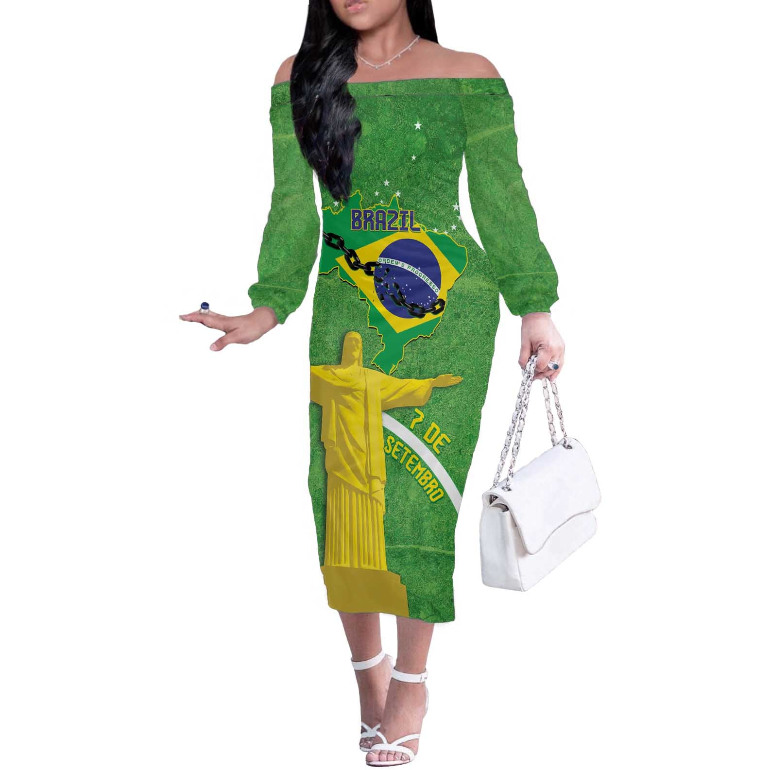 Personalized Brazil Independence Day Off The Shoulder Long Sleeve Dress Brasil Map Christ The Redeemer 7 De Setembro - Wonder Print Shop