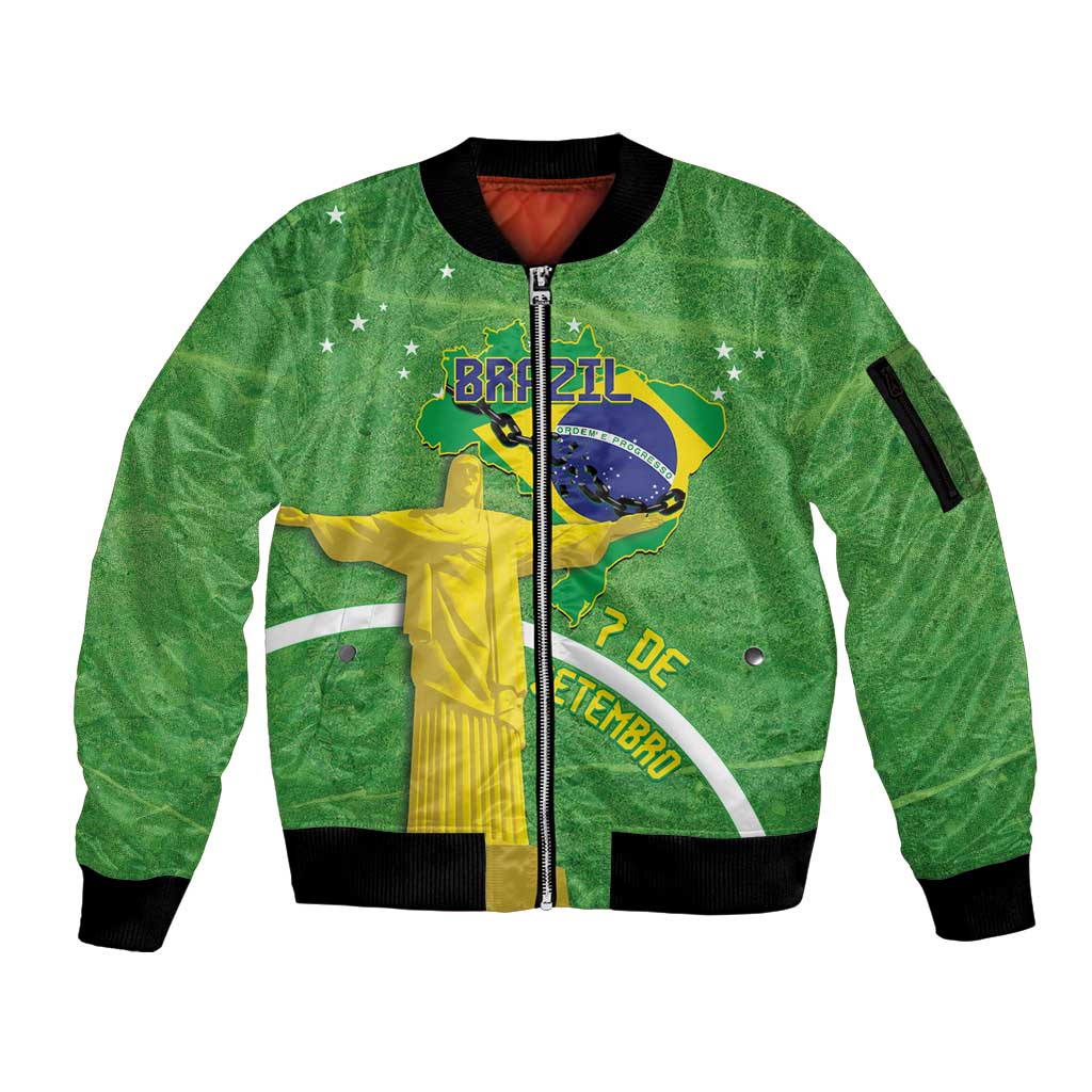 Personalized Brazil Independence Day Sleeve Zip Bomber Jacket Brasil Map Christ The Redeemer 7 De Setembro - Wonder Print Shop