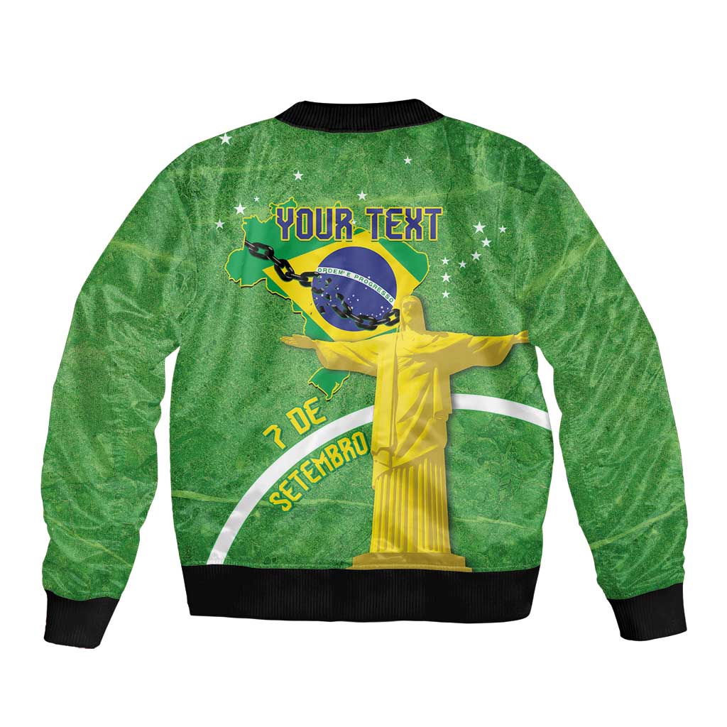 Personalized Brazil Independence Day Sleeve Zip Bomber Jacket Brasil Map Christ The Redeemer 7 De Setembro - Wonder Print Shop