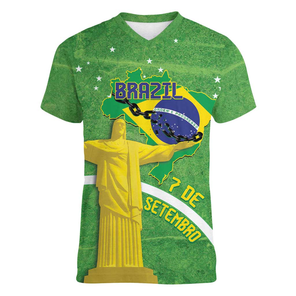 Personalized Brazil Independence Day Women V-Neck T-Shirt Brasil Map Christ The Redeemer 7 De Setembro - Wonder Print Shop