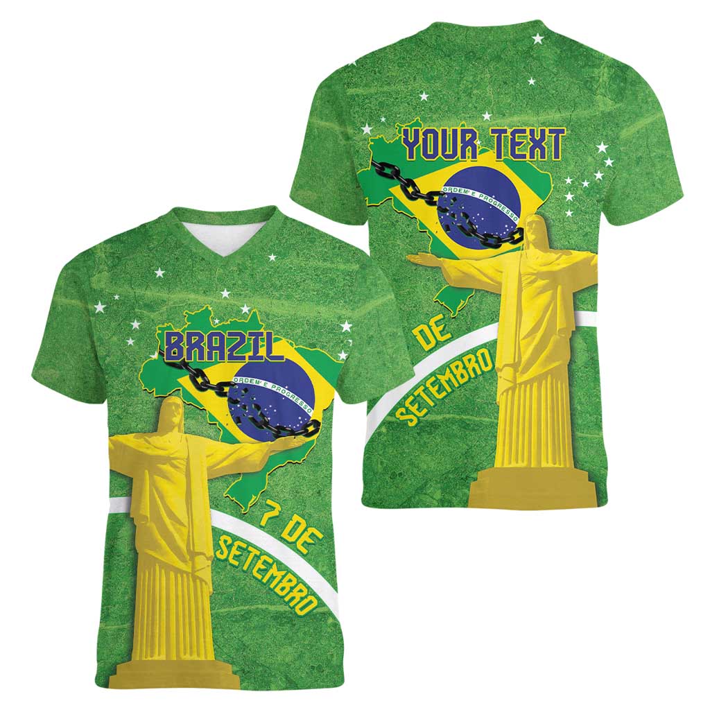 Personalized Brazil Independence Day Women V-Neck T-Shirt Brasil Map Christ The Redeemer 7 De Setembro - Wonder Print Shop