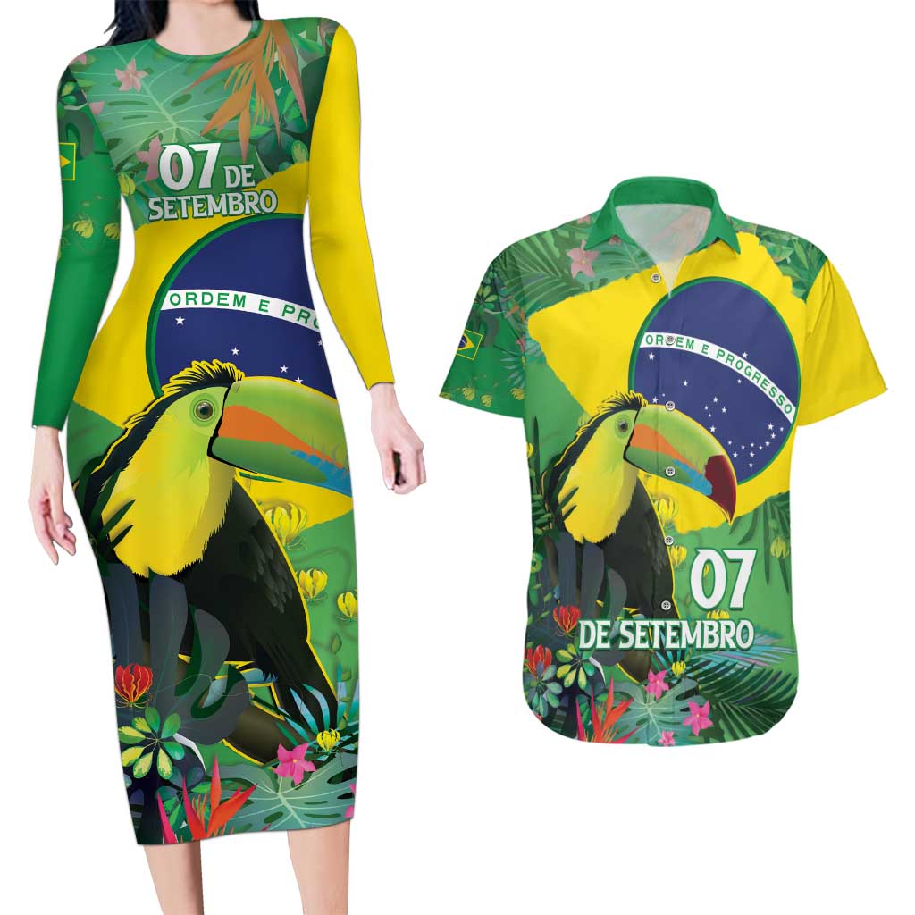 Feliz Dia Da Indepencencia Brazil Couples Matching Long Sleeve Bodycon Dress and Hawaiian Shirt Brasil Toucan Tropical Vibes - Wonder Print Shop