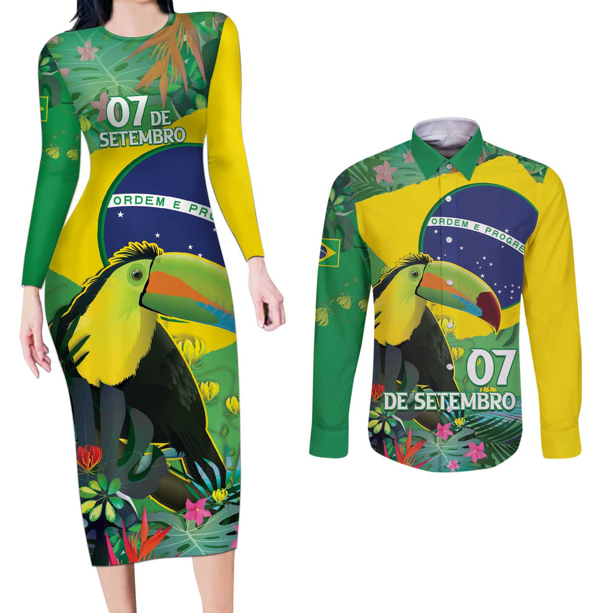 Feliz Dia Da Indepencencia Brazil Couples Matching Long Sleeve Bodycon Dress and Long Sleeve Button Shirt Brasil Toucan Tropical Vibes - Wonder Print Shop
