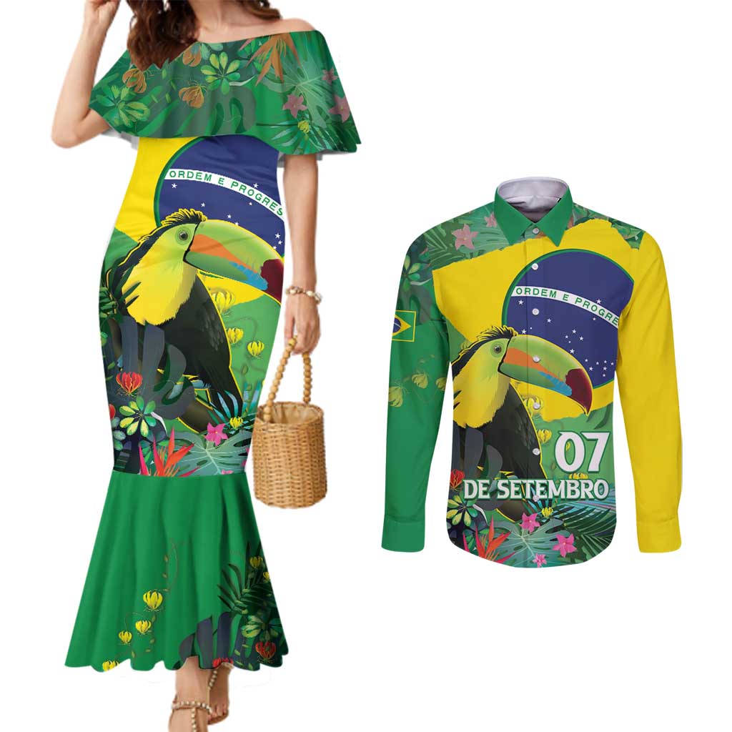 Feliz Dia Da Indepencencia Brazil Couples Matching Mermaid Dress and Long Sleeve Button Shirt Brasil Toucan Tropical Vibes