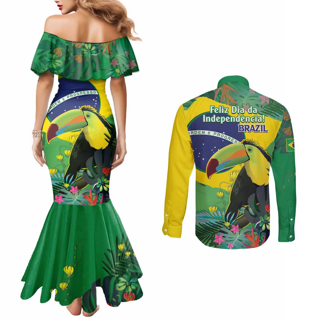 Feliz Dia Da Indepencencia Brazil Couples Matching Mermaid Dress and Long Sleeve Button Shirt Brasil Toucan Tropical Vibes