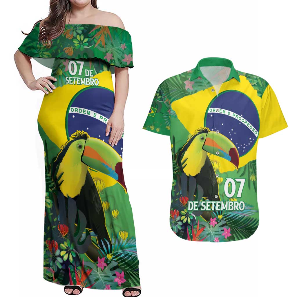 Feliz Dia Da Indepencencia Brazil Couples Matching Off Shoulder Maxi Dress and Hawaiian Shirt Brasil Toucan Tropical Vibes - Wonder Print Shop