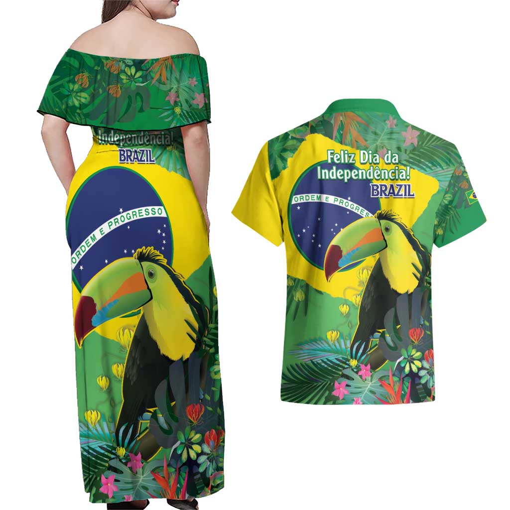 Feliz Dia Da Indepencencia Brazil Couples Matching Off Shoulder Maxi Dress and Hawaiian Shirt Brasil Toucan Tropical Vibes - Wonder Print Shop