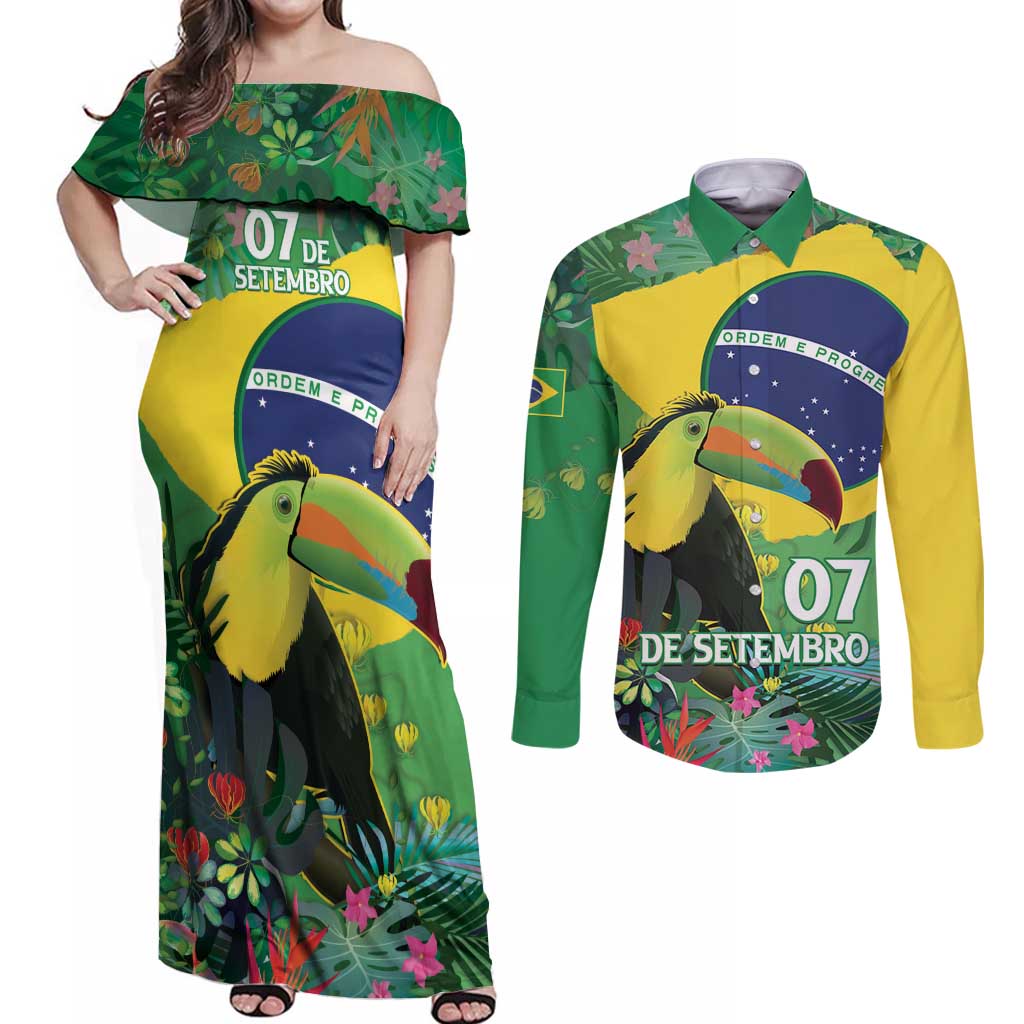 Feliz Dia Da Indepencencia Brazil Couples Matching Off Shoulder Maxi Dress and Long Sleeve Button Shirt Brasil Toucan Tropical Vibes - Wonder Print Shop