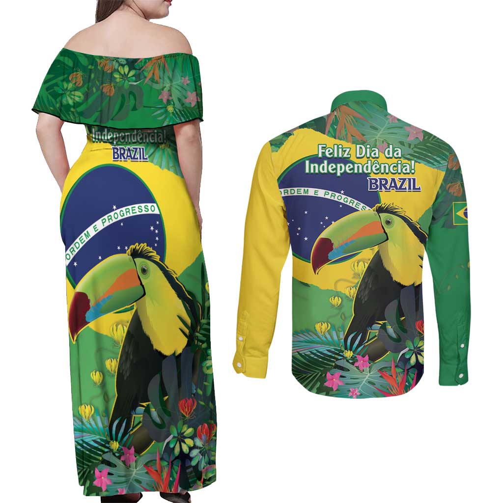Feliz Dia Da Indepencencia Brazil Couples Matching Off Shoulder Maxi Dress and Long Sleeve Button Shirt Brasil Toucan Tropical Vibes - Wonder Print Shop